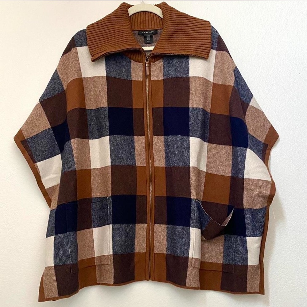 Tahari Plaid Poncho Small Medium Brown Ribbed Collar